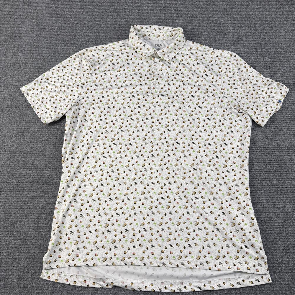 1764 Polo Shirt Mens XL White Tropical Coconut Palm Tree Print Hawaiian Golf